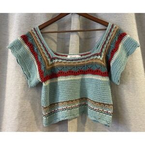 Miracle Colorful Cropped‎ Crochet Pullover Top Sz Large